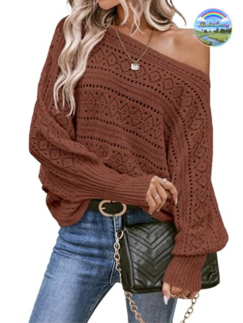 Crochet Off Shoulder Sweater Dolman Sleeve